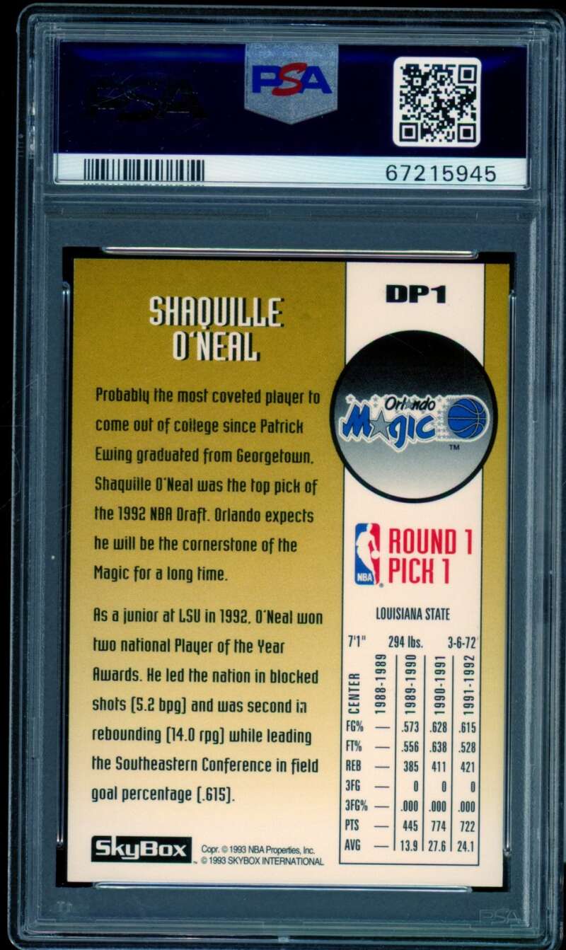 Shaquille O'Neal Rookie Card 1992-93 SkyBox #DP1 PSA 9 Image 2