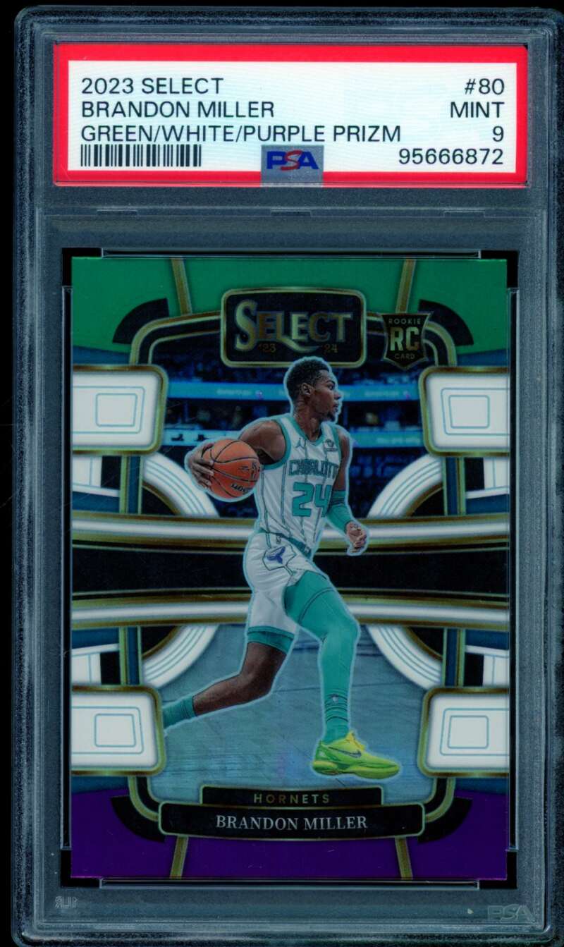 Brandon Miller Rookie Card 2023-24 Select Prizm Green White Purple #80 PSA 9 Image 1