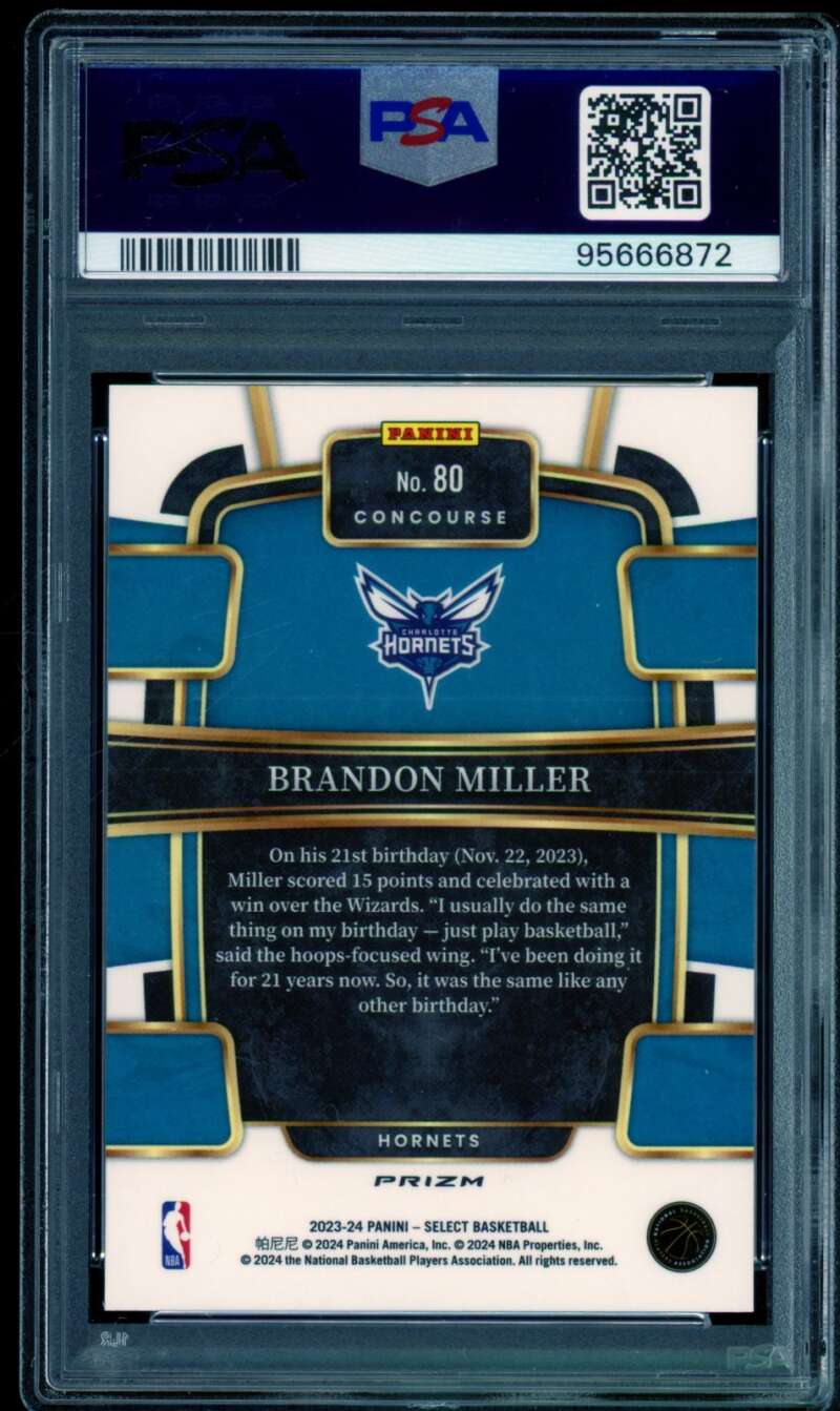 Brandon Miller Rookie Card 2023-24 Select Prizm Green White Purple #80 PSA 9 Image 2