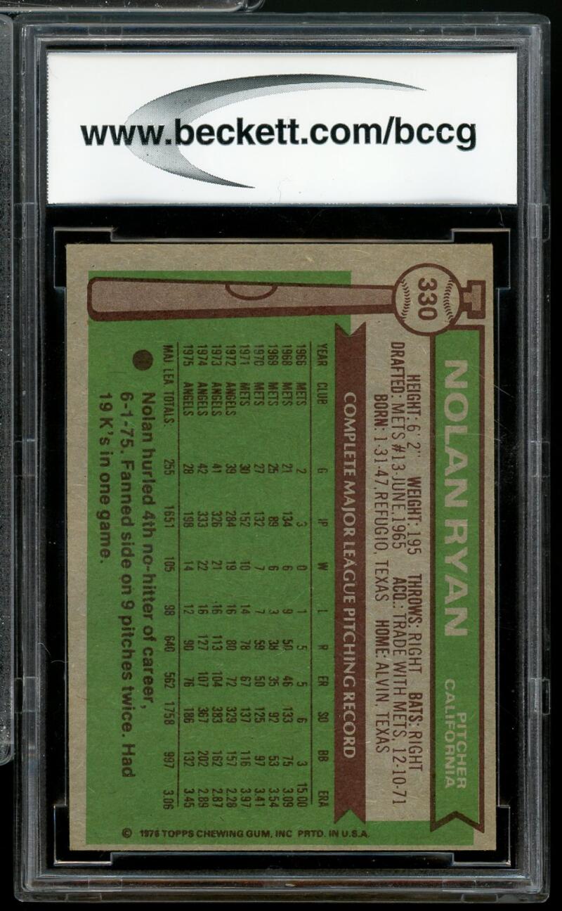 1976 Topps #330 Nolan Ryan Card BGS BCCG 9 Near Mint+ Image 2