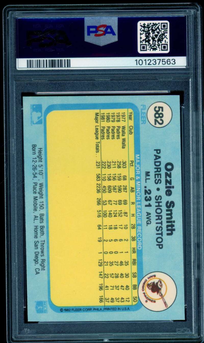 Ozzie Smith Card 1982 Fleer #582 PSA 9 Image 2