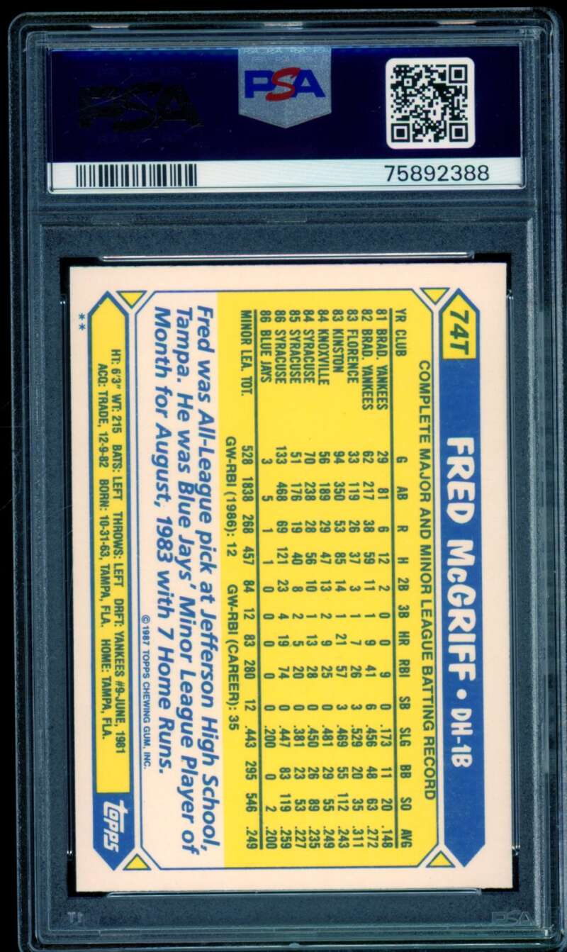 Fred McGriff Rookie Card 1987 Topps Traded #74T PSA 9 Image 2