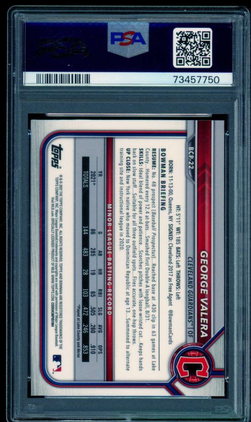 George Valera Rookie Card 2022 Bowman S/E Chrome Prospects #BCP22 PSA 10 Image 2