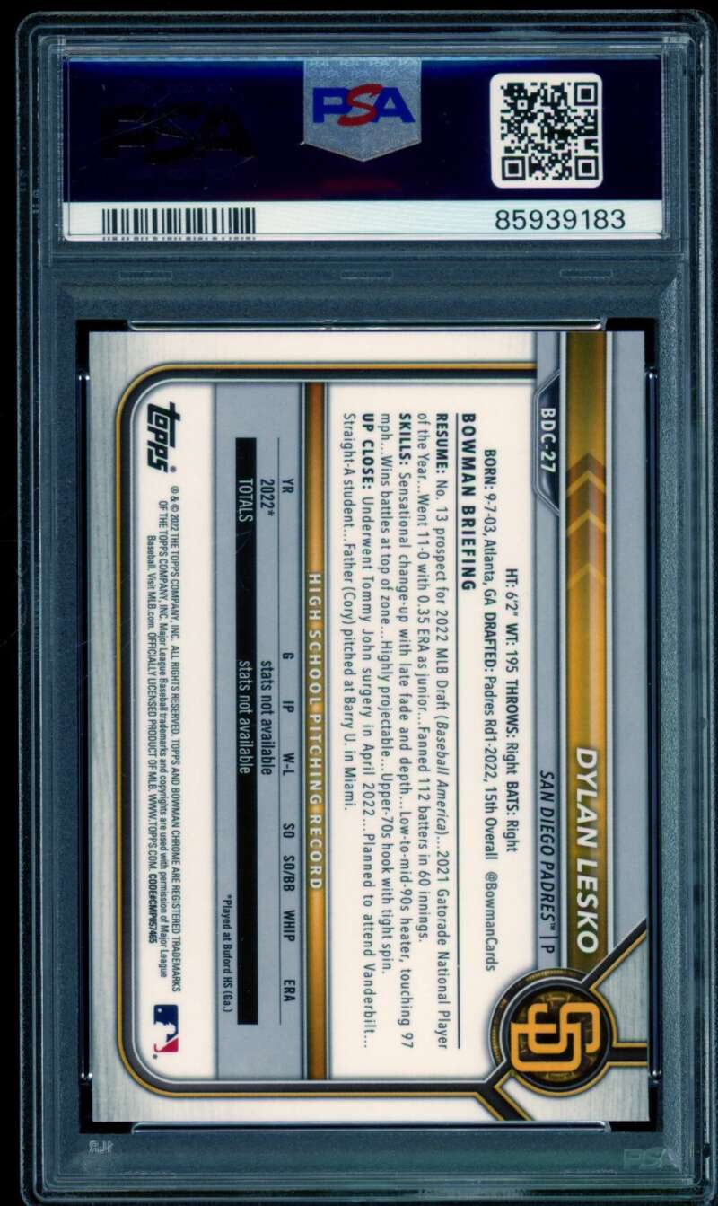 Dylan Lesko Card 2022 Bowman Draft S/E #BDC27 PSA 10 Image 2