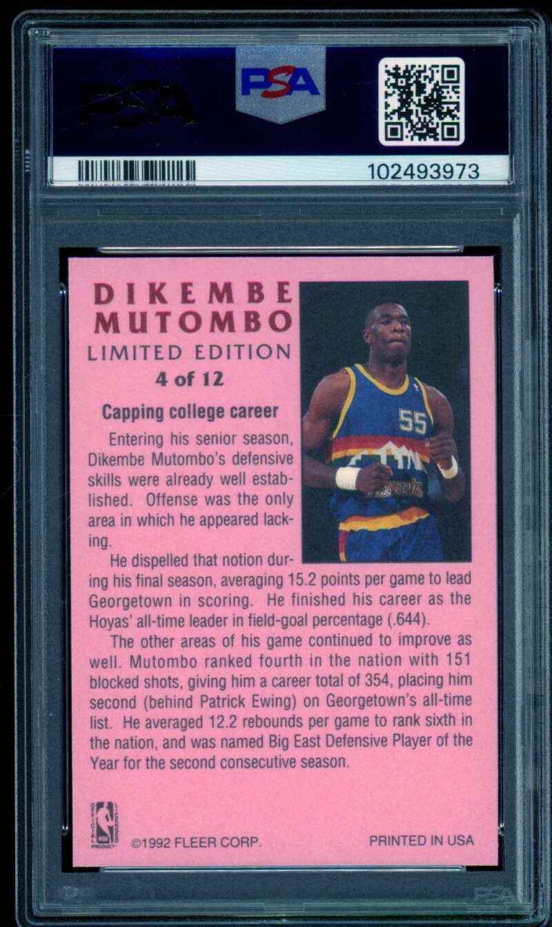 Dikembe Mutombo Rookie Card 1991-92 Fleer #4 PSA 9 Image 2