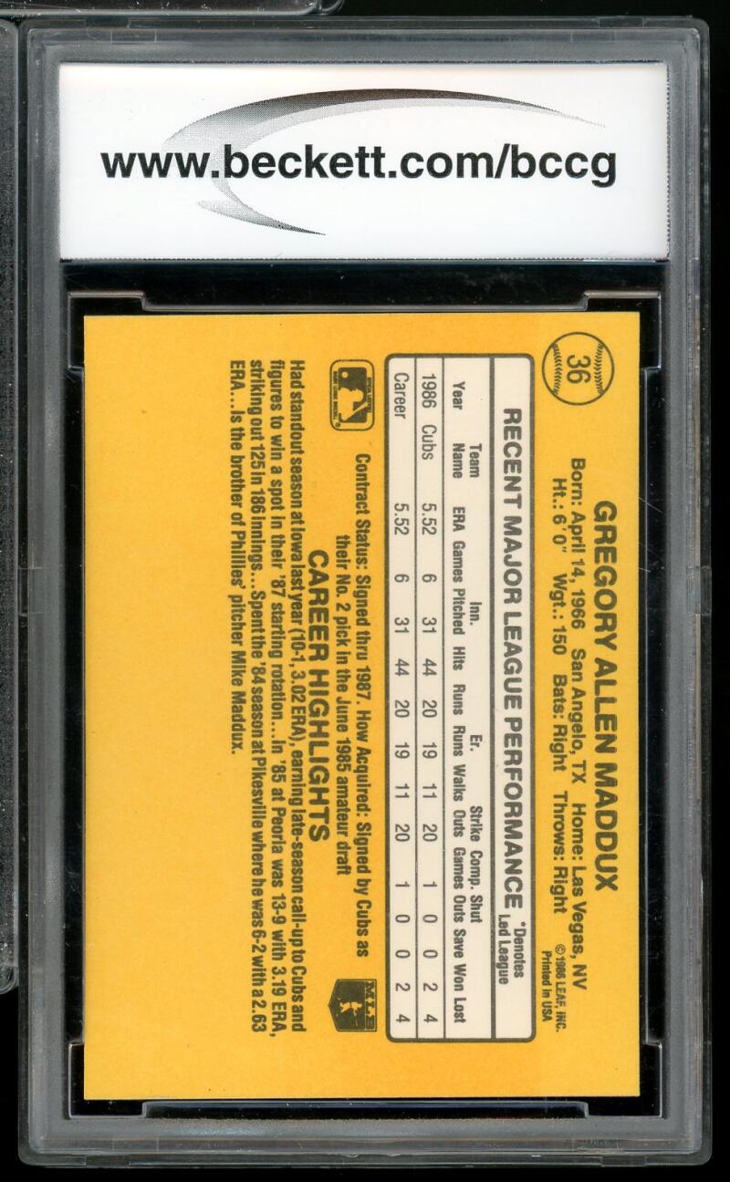 1987 Donruss #36 Greg Maddux Rookie Card BGS BCCG 10 Mint+ Image 2