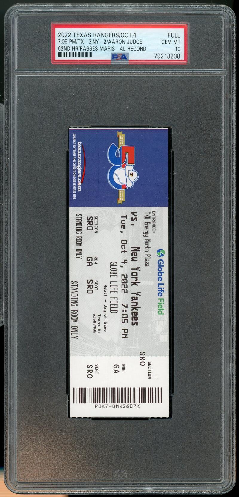 2022 Full Ticket Aaron Judge Home Run #62 New York Yankees vs Rangers PSA 10 Image 1