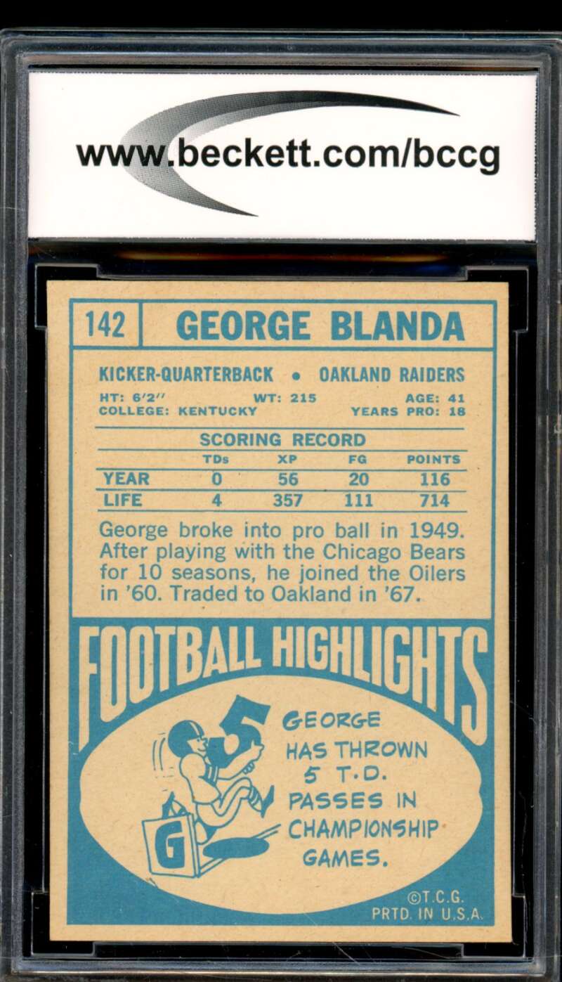 1968 Topps #142 George Blanda Card BGS BCCG 9 Near Mint+ Image 2