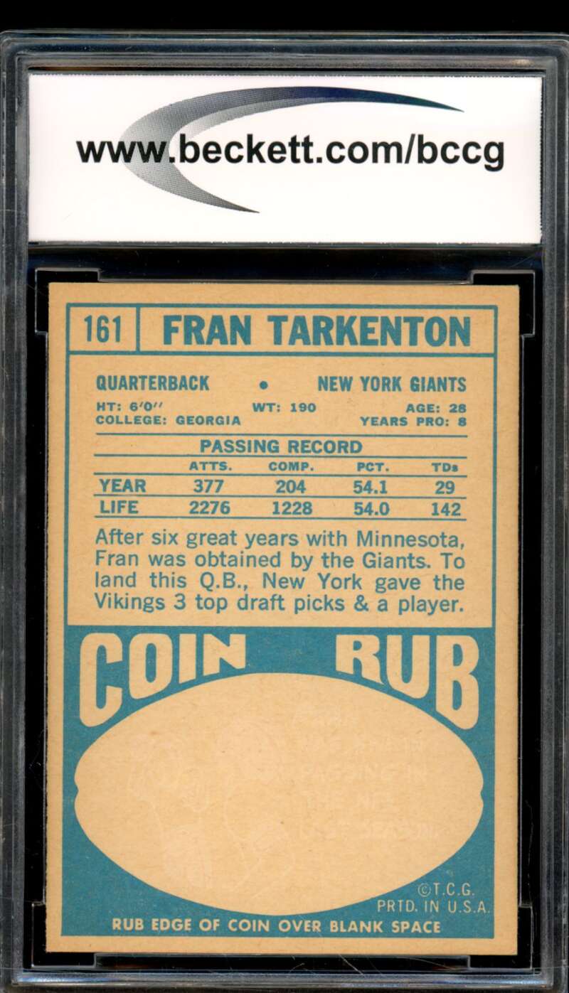 1968 Topps #161 Fran Tarkenton Card BGS BCCG 8 Excellent+ Image 2