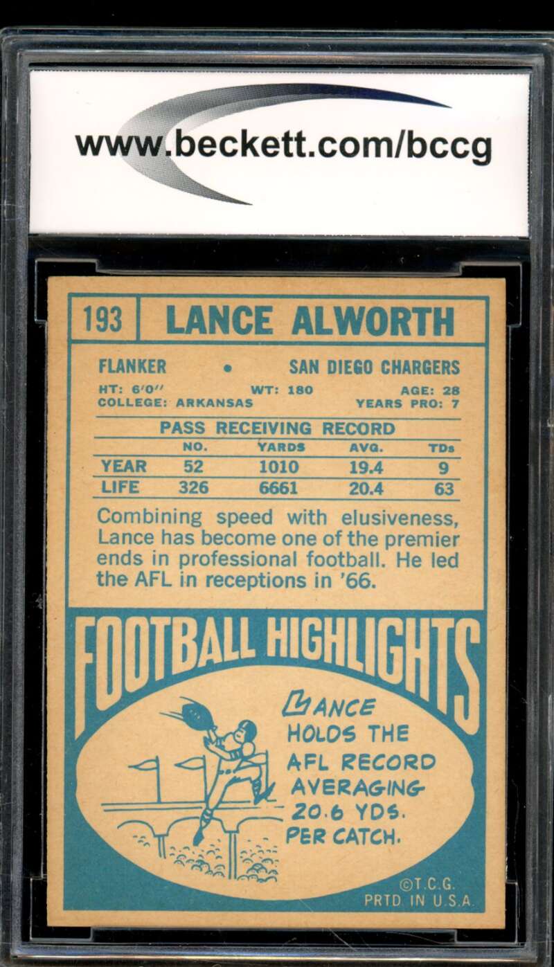 1968 Topps #193 Lance Alworth Card BGS BCCG 9 Near Mint+ Image 2