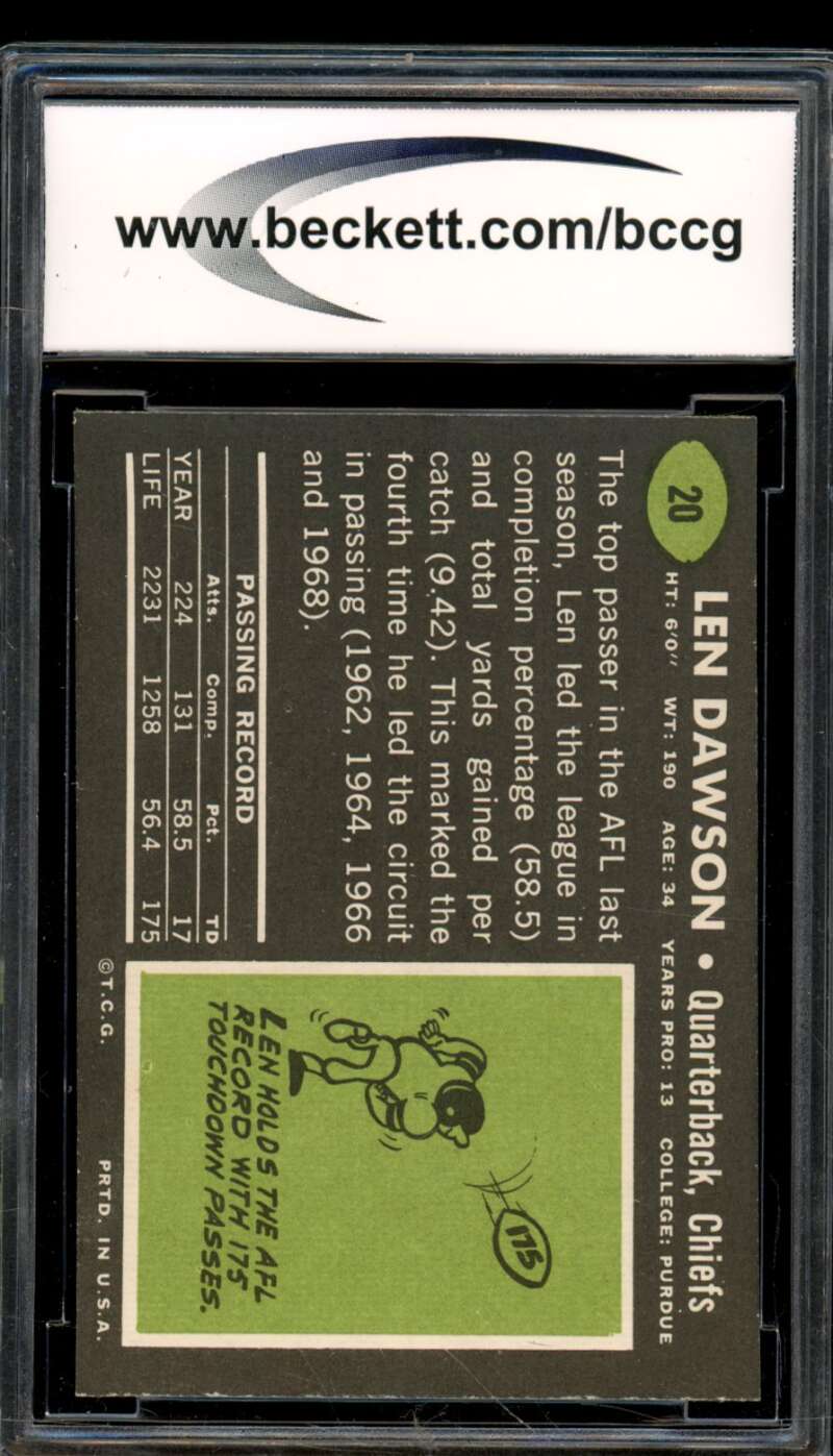 1969 Topps #20 Len Dawson Card BGS BCCG 9 Near Mint+ Image 2