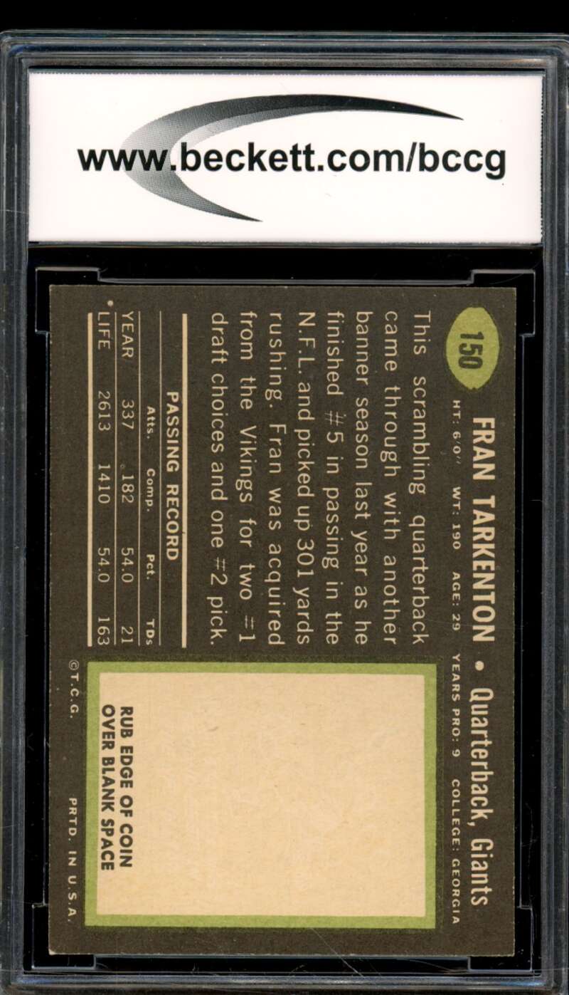 1969 Topps #150 Fran Tarkenton Card BGS BCCG 8 Excellent+ Image 2
