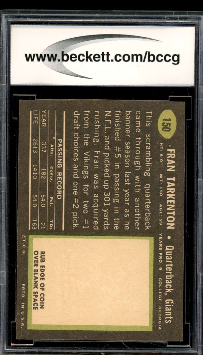 1969 Topps #150 Fran Tarkenton Card BGS BCCG 9 Near Mint+ Image 2