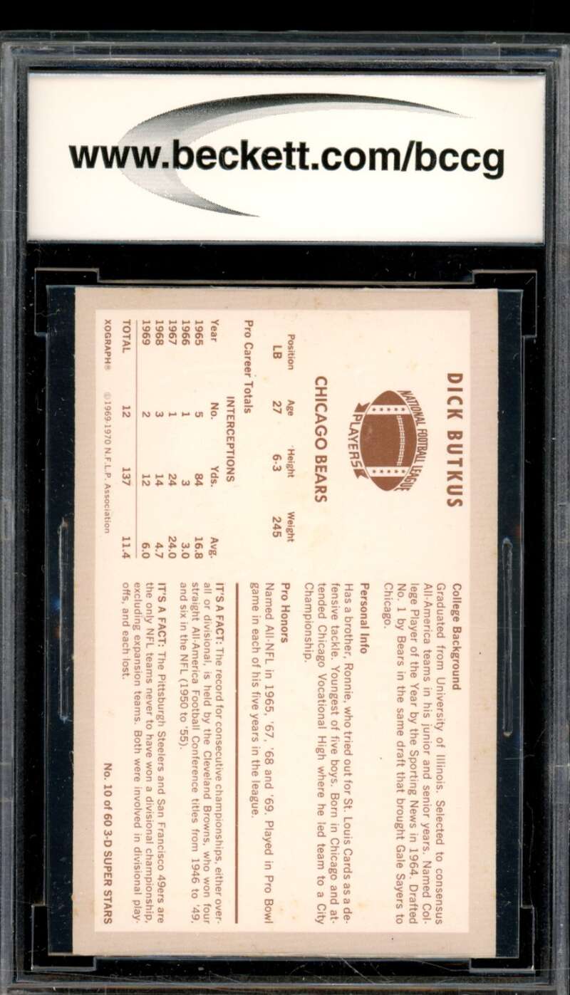 1970 Kellogg's #10 Dick Butkus Card BGS BCCG 9 Near Mint+ Image 2