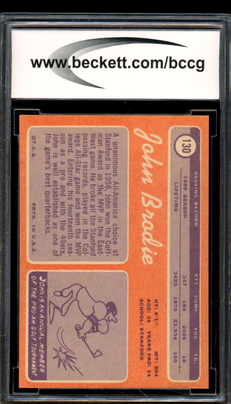 1970 Topps #130 John Brodie Card BGS BCCG 9 Near Mint+ Image 2