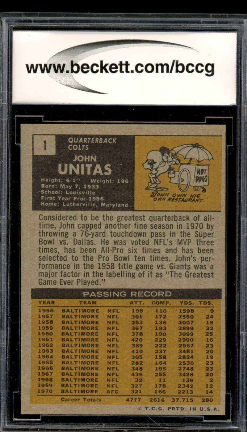 1971 Topps #1 Johnny Unitas Card BGS BCCG 8 Excellent+ Image 2