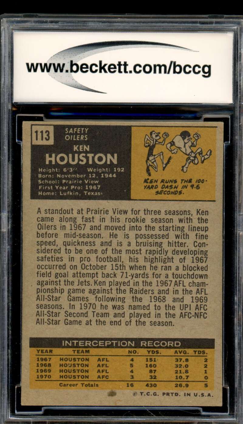 1971 Topps #113 Ken Houston Rookie Card BGS BCCG 8 Excellent+ Image 2