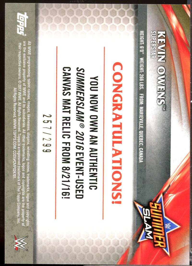 Kevin Owens Card 2017 Topps WWE SummerSlam 2016 Mat Relics /299 #NNO  Image 2