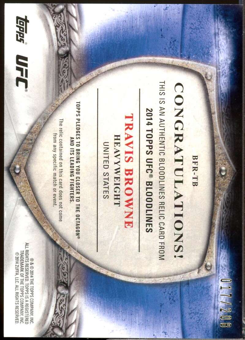 Travis Browne Card 2014 Topps UFC Bloodlines Fighter Relics /208 #BFRTB  Image 2