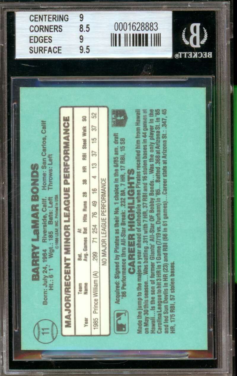 Barry Bonds Rookie Card 1986 Donruss Rookies #11 BGS 9 Image 2