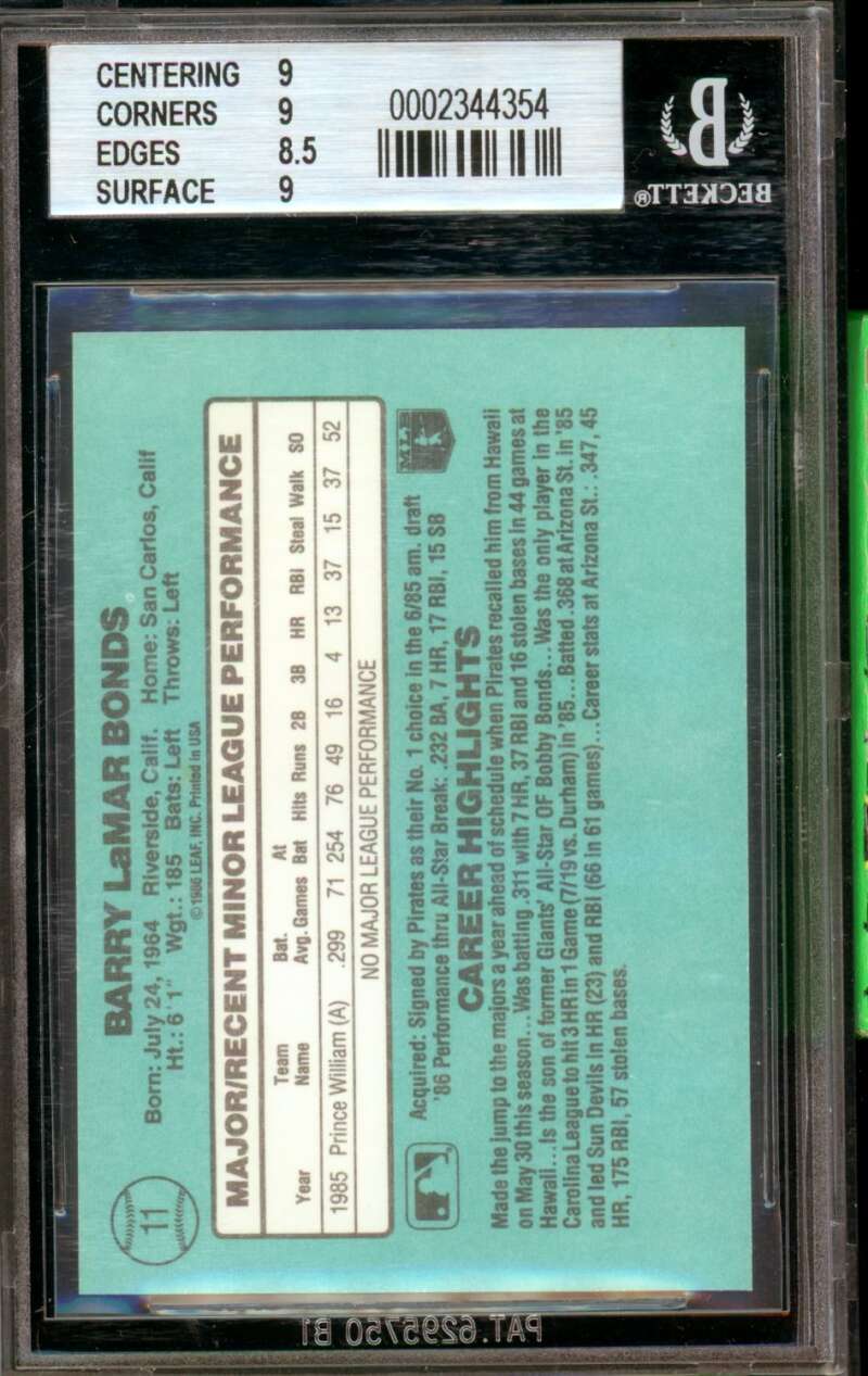 Barry Bonds Rookie Card 1986 Donruss Rookies #11 BGS 9 Image 2