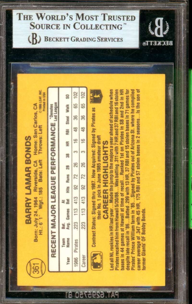 Barry Bonds Rookie Card 1987 Donruss #361 BGS 9 (holder crack) Image 2