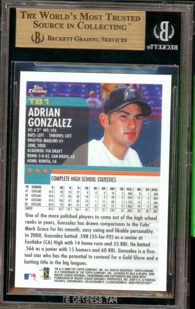 Adrian Gonzalez Rookie Card 2000 Topps Traded Chrome #T81 BGS 9.5 Image 2