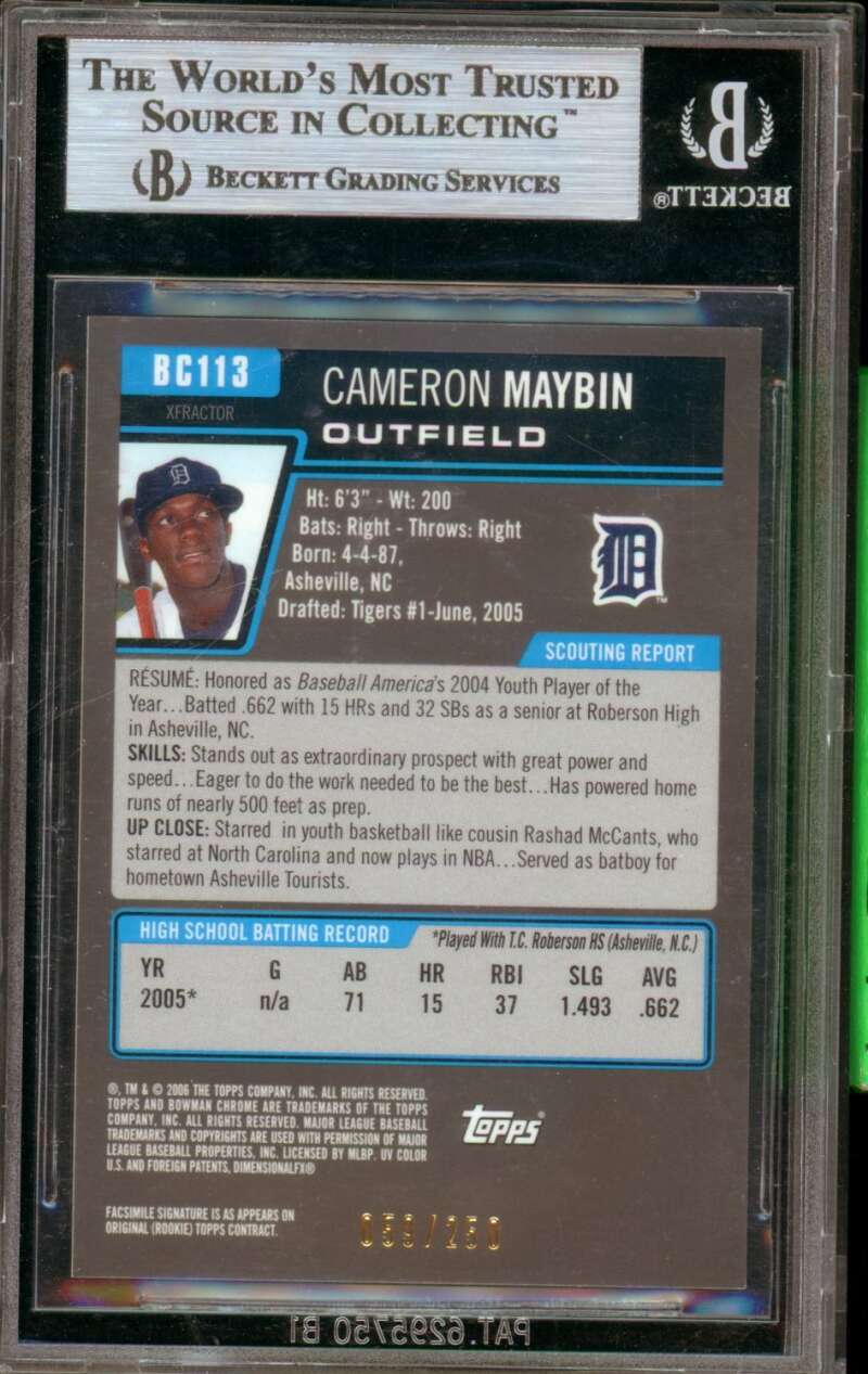 Cameron Maybin 2006 Bowman Prospects Chrome X-Fractors #113 BGS 9.5 (holder) Image 2