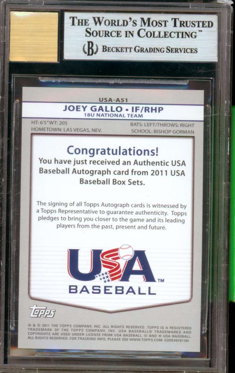 Joey Gallo Rookie Card 2011 USA Baseball Autographs #A51 BGS 9 Image 2