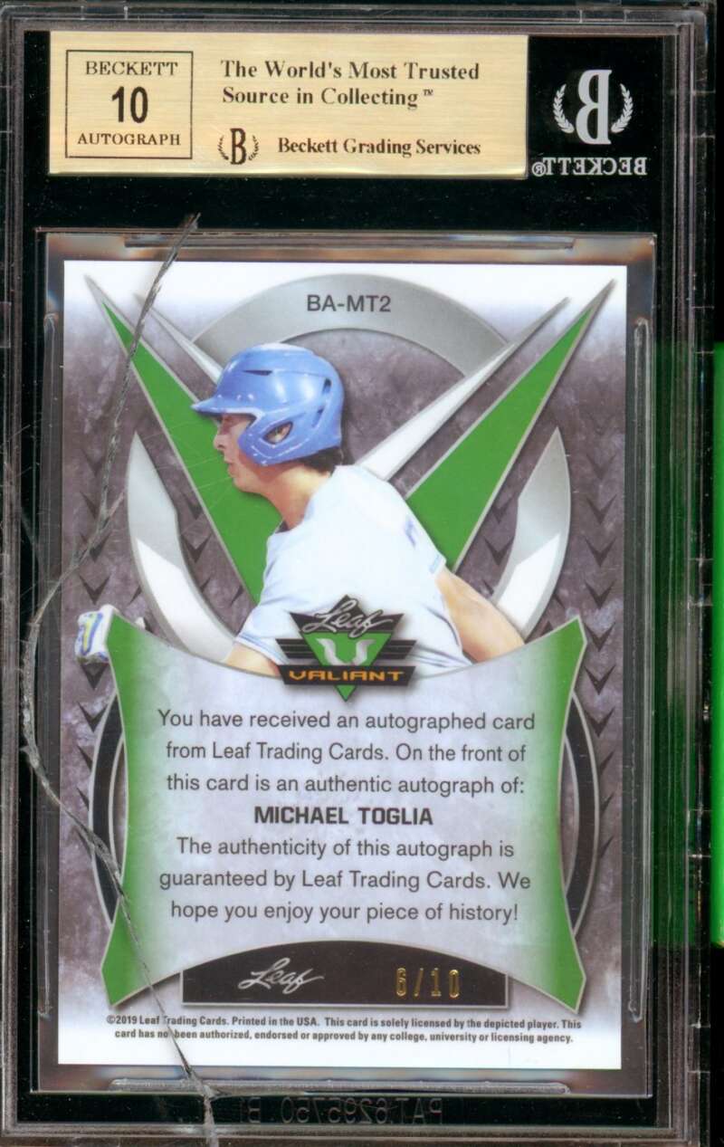 Michael Toglia Rookie 2019 Leaf Valiant Yellow Prismatic (6/10) #BAMT2 BGS 9.5 Image 2