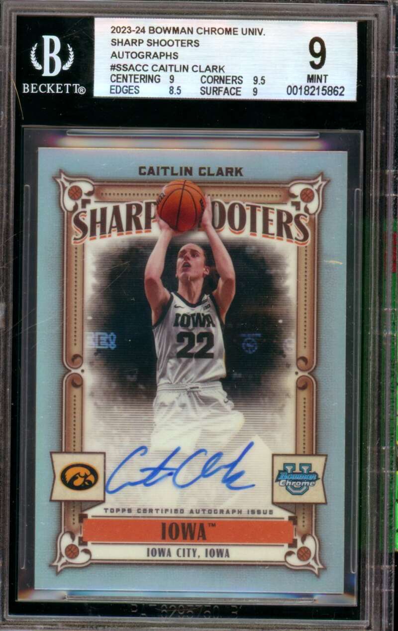Caitlin Clark Rookie 2023-24 Bowman Chrome Univ Autographs (8/50) #SSACC BGS 9 Image 1