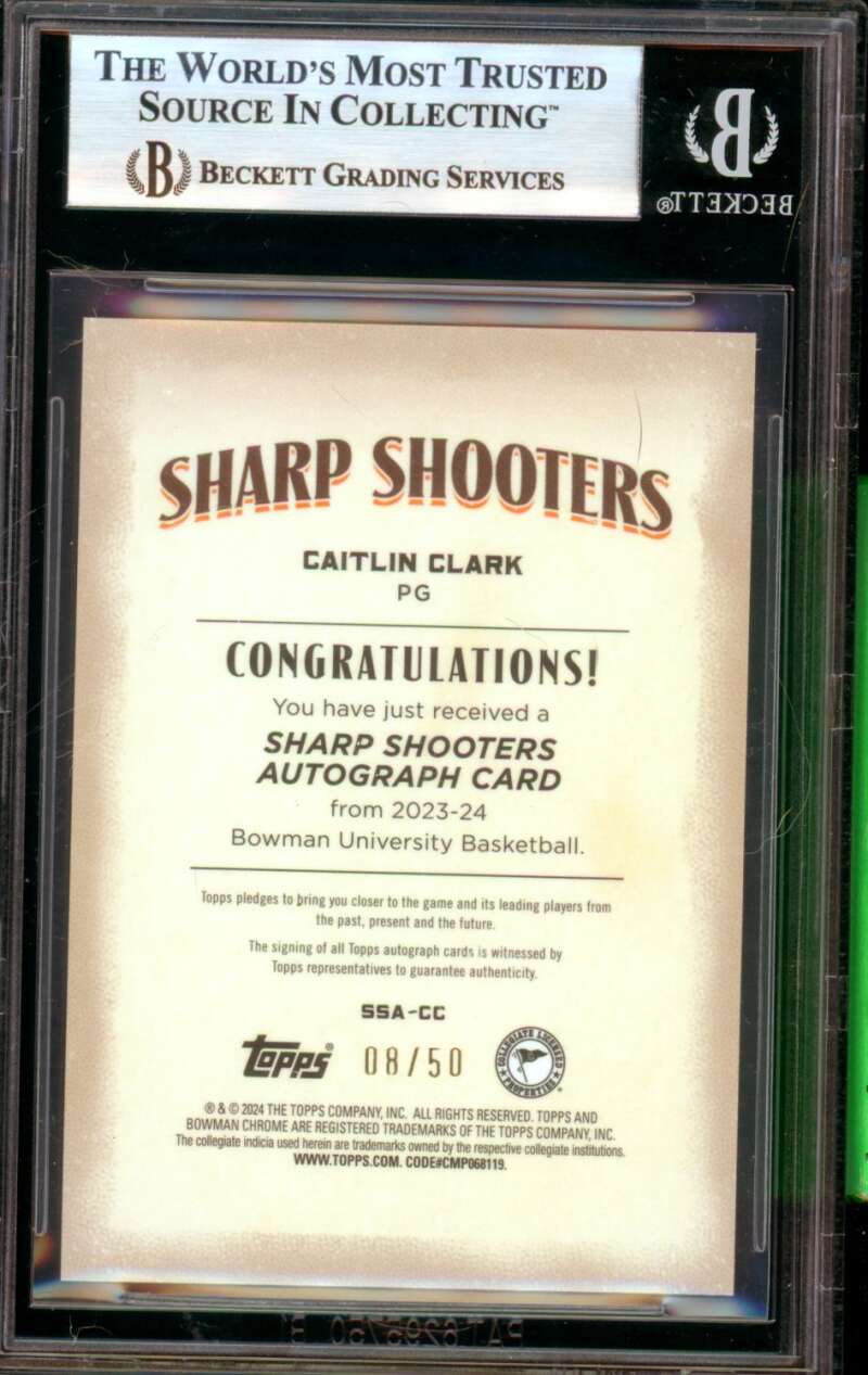 Caitlin Clark Rookie 2023-24 Bowman Chrome Univ Autographs (8/50) #SSACC BGS 9 Image 2