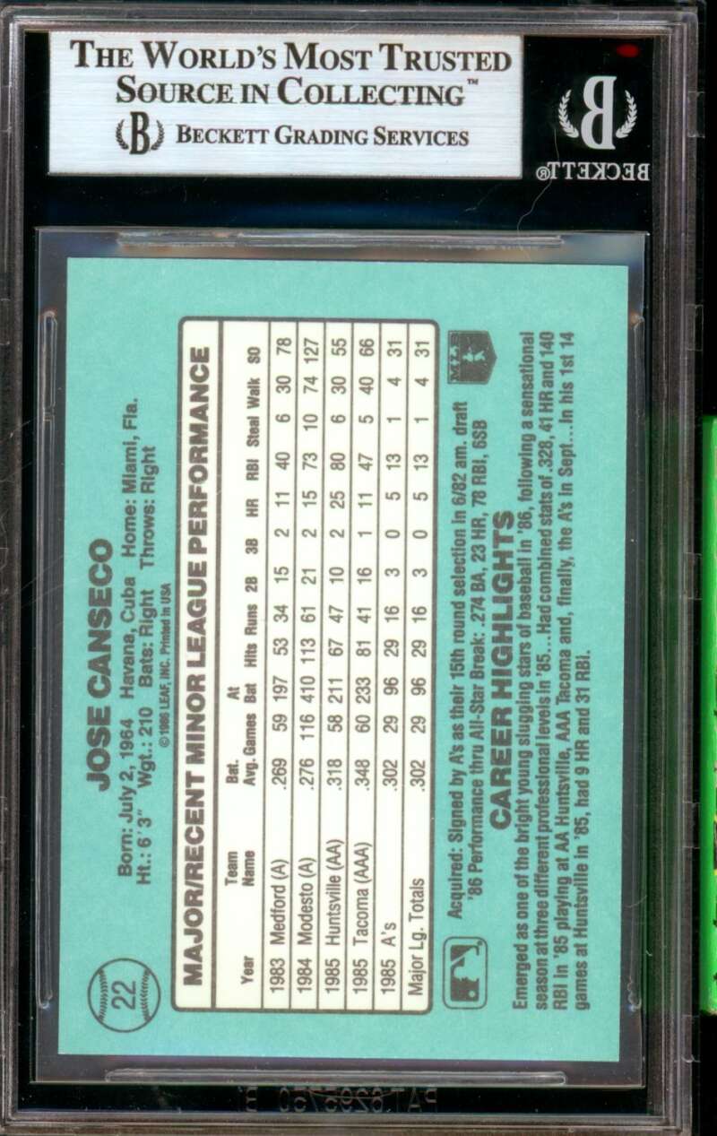 Jose Canseco Rookie Card 1986 Donruss #22 BGS Authentic Autograph Image 2