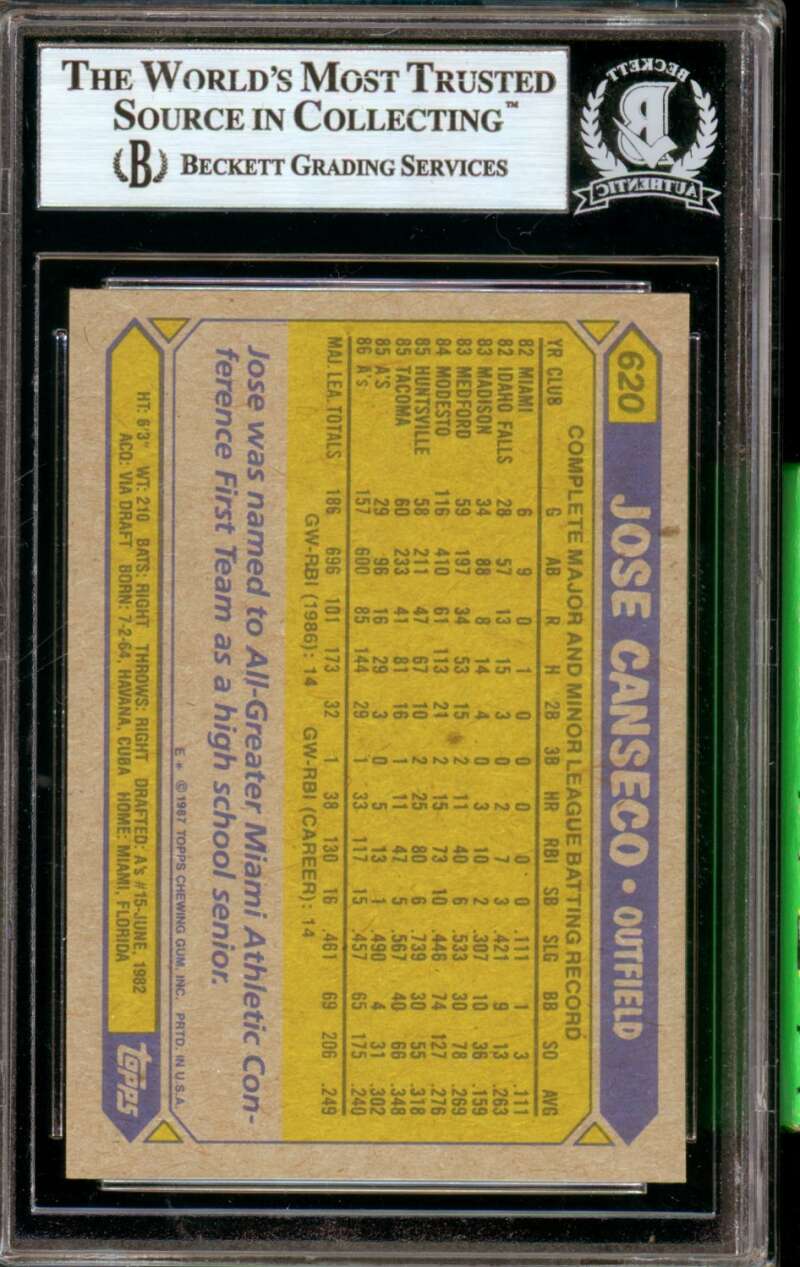 Jose Canseco Card 1987 Topps #620 BGS Authentic Autograph Image 2