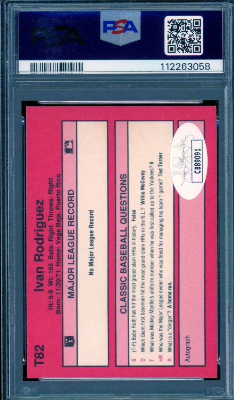 Ivan Rodriguez Rookie Card 1991 Classic Autograph #T82 PSA/DNA Auto 9 Image 2