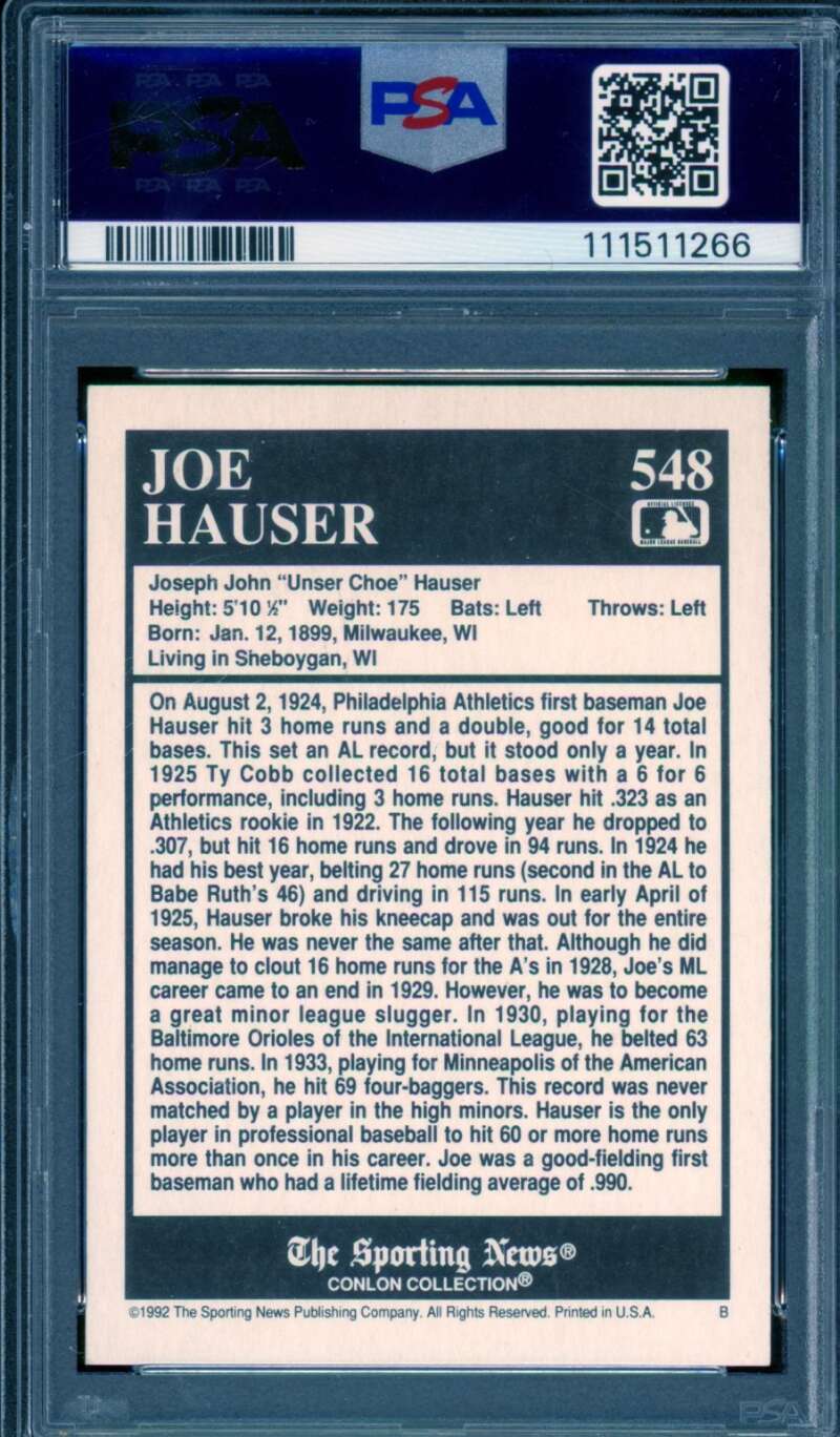Joe Hauser Card 1992 Conlon Collection Autograph #548 PSA/DNA Auto 10 Image 2