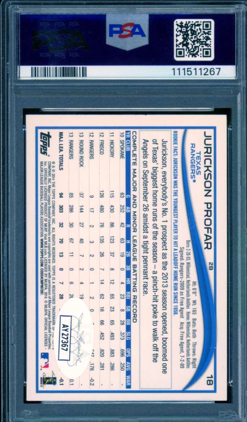 Jurickson Profar Card 2014 Topps Autograph #18 PSA/DNA Auto 10 Image 2