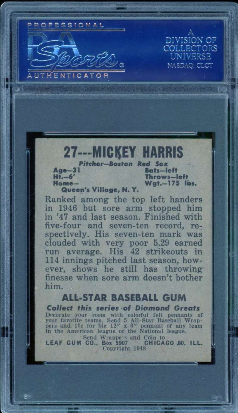 Mickey Harris Rookie Card 1948 Leaf (pop 3) #27 PSA 9 Image 2
