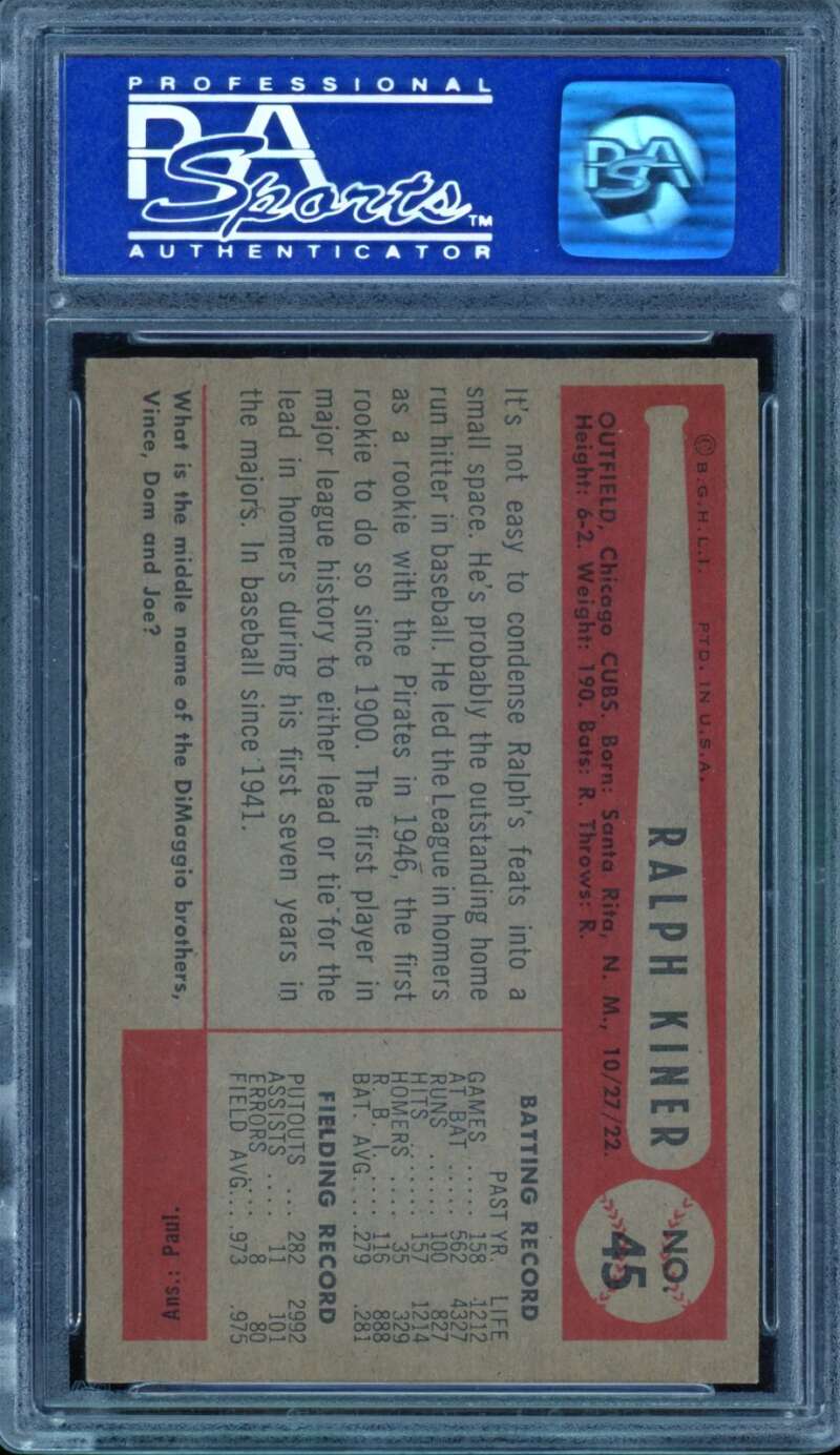 Ralph Kiner Card 1954 Bowman #45 PSA 8 Image 2