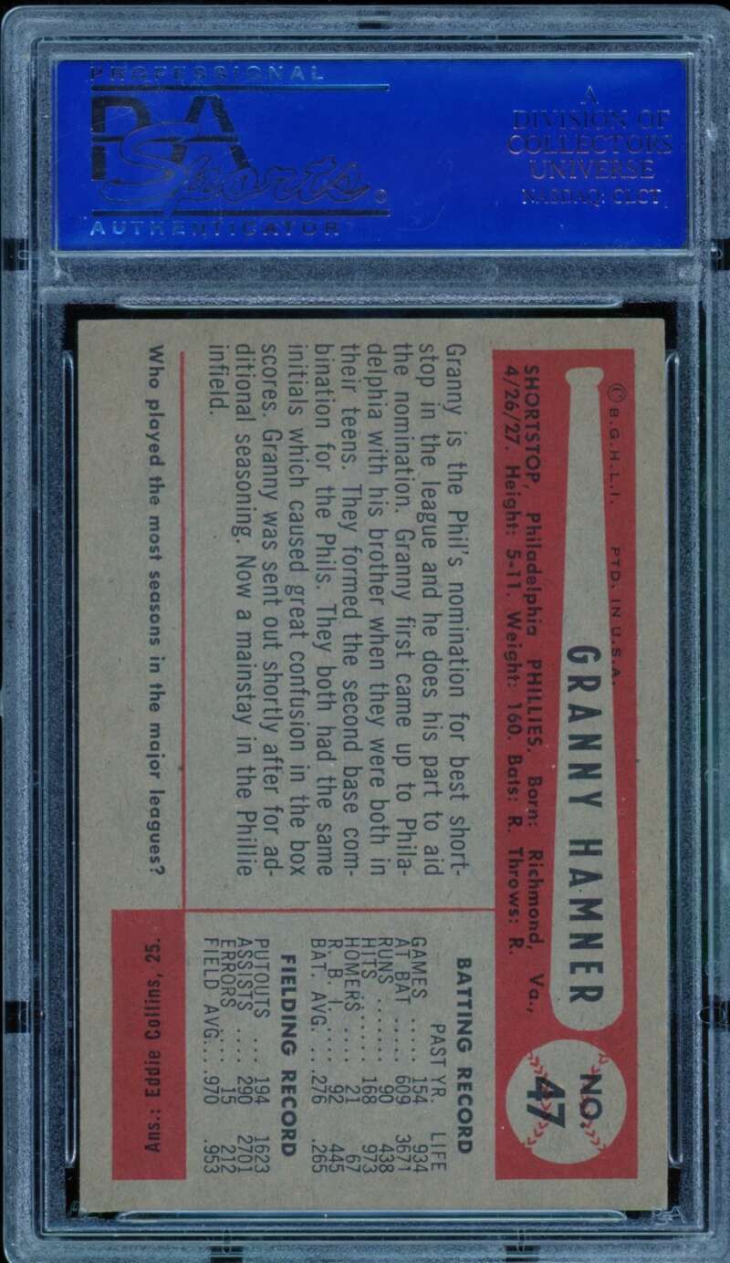 Granny Hamner Card 1954 Bowman #47 PSA 8 Image 2