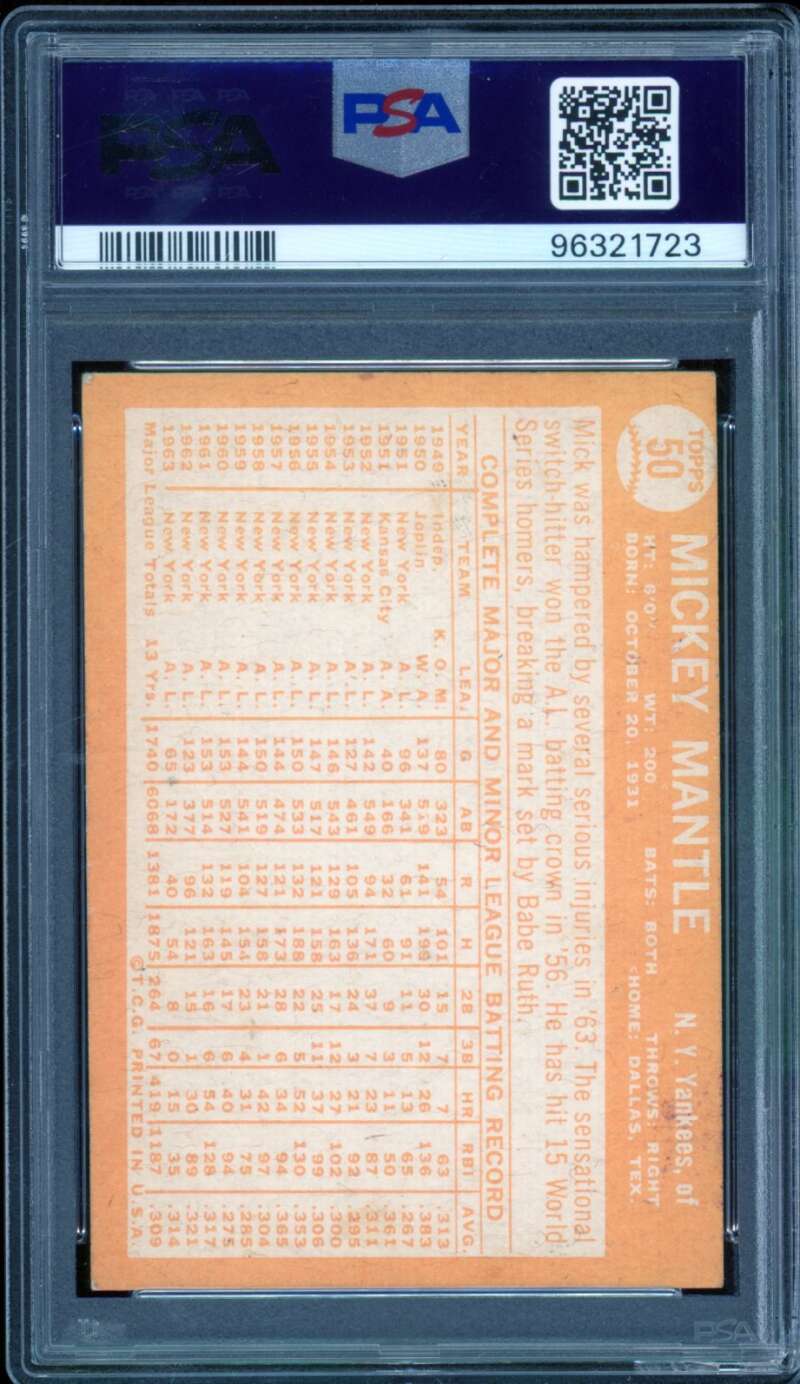 Mickey Mantle Card 1964 Topps #50 PSA 4 Image 2