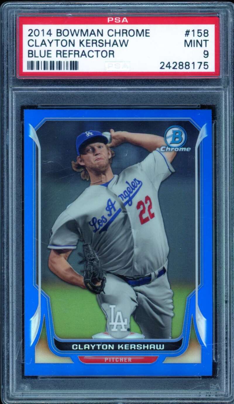 Clayton Kershaw 2014 Bowman Chrome Blue Refractor #158 PSA 9 (holder scratches) Image 1