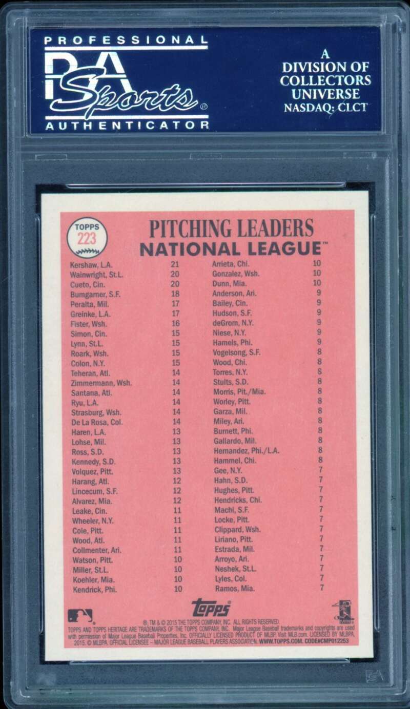 Clayton Kershaw NL Pitching Leaders 2015 Topps Heritage (pop 10) #223 PSA 10 Image 2