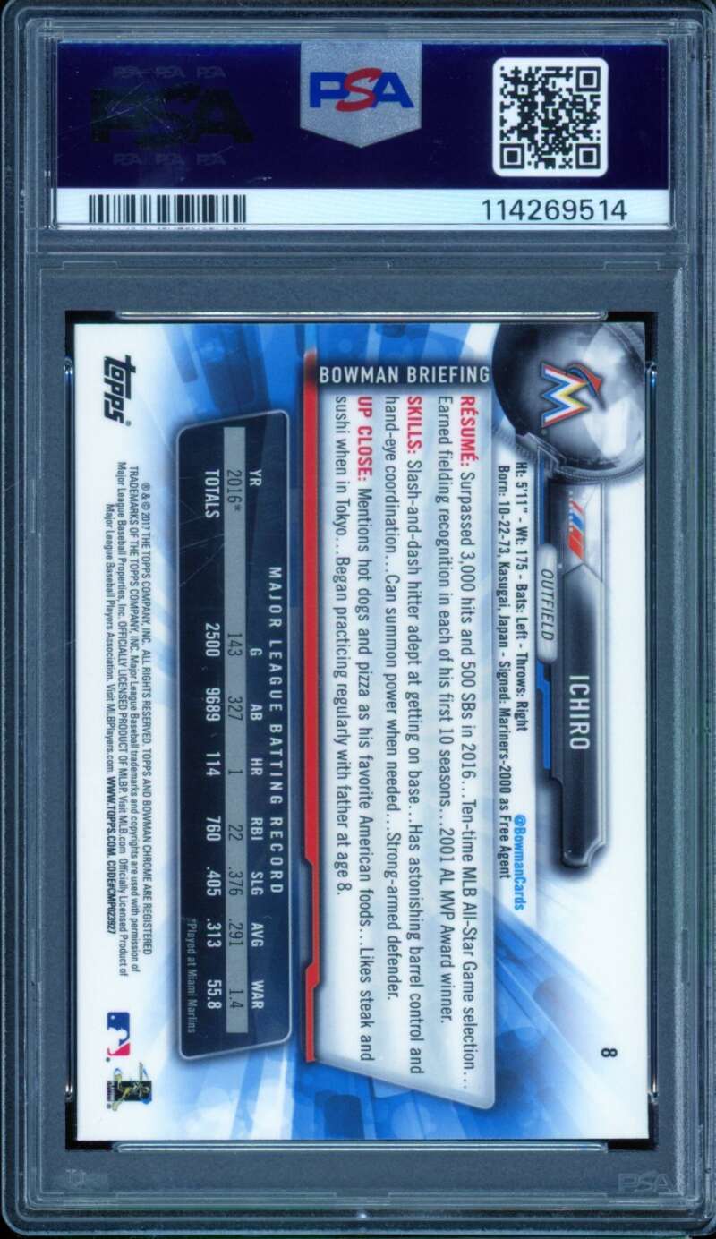 Ichiro Suzuki Card 2017 Bowman Chrome (pop 5) #8 PSA 10 Image 2