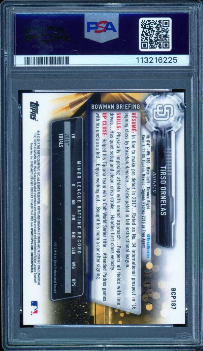 Tirso Ornelas Rookie 2017 Bowman Chrome Prospects Purple Refractor #187 PSA 10 Image 2