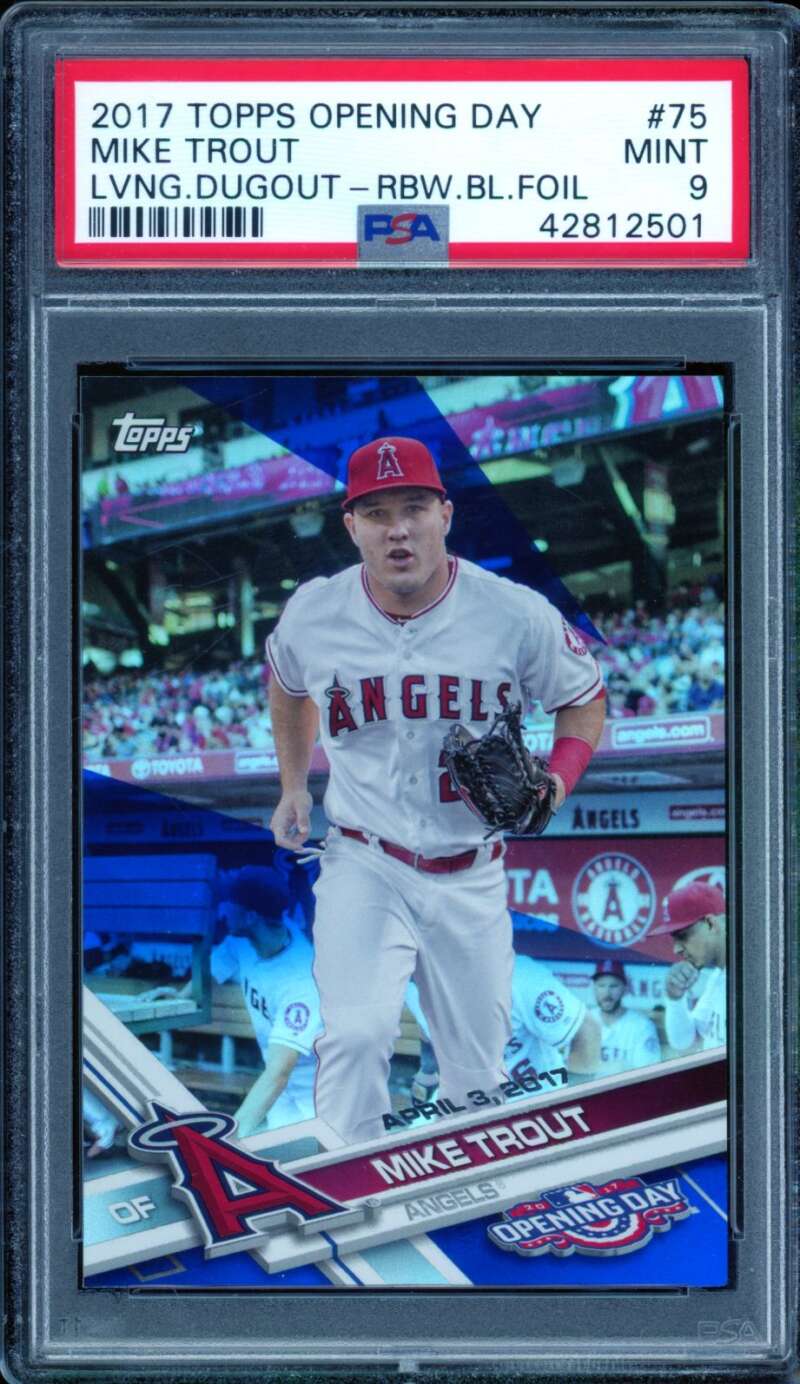 Mike Trout Card 2017 Topps Opening Day Rainbow Blue Foil #75 PSA 9 Image 1