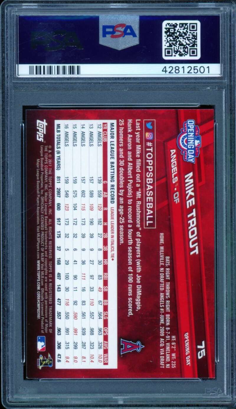 Mike Trout Card 2017 Topps Opening Day Rainbow Blue Foil #75 PSA 9 Image 2
