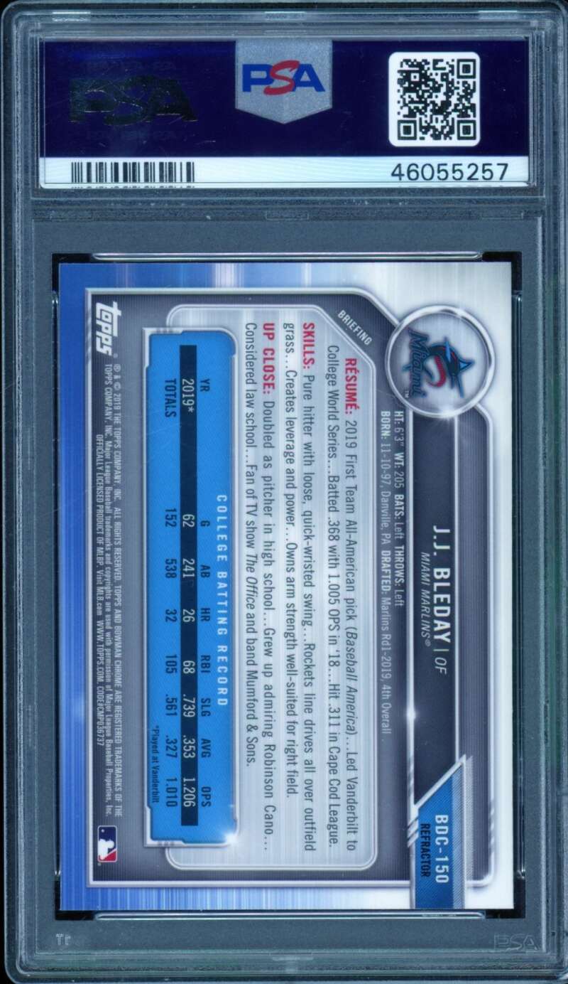 J.J. Bleday Rookie Card 2019 Bowman Draft Chrome Refractor #BDC150 PSA 10 Image 2
