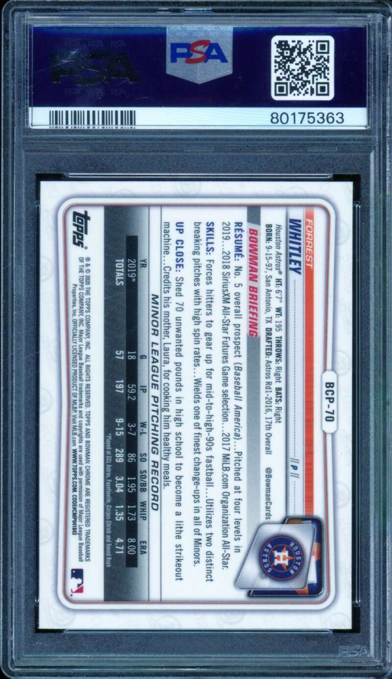 Forrest Whitley Rookie Card 2020 Bowman Chrome Sapphire Edition #BCP70 PSA 10 Image 2