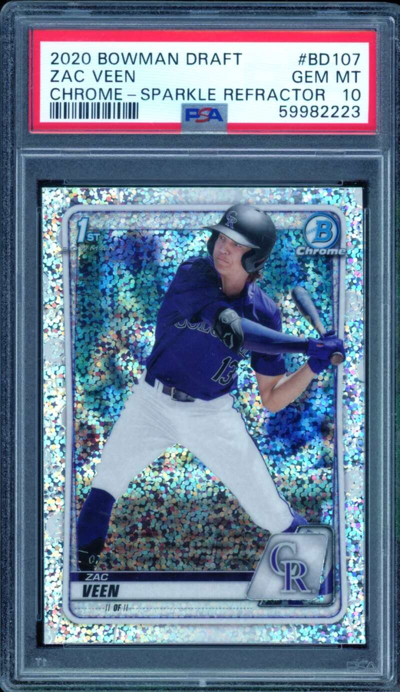 Zac Veen Rookie Card 2020 Bowman Draft Chrome Sparkle Refractor #BD107 PSA 10 Image 1